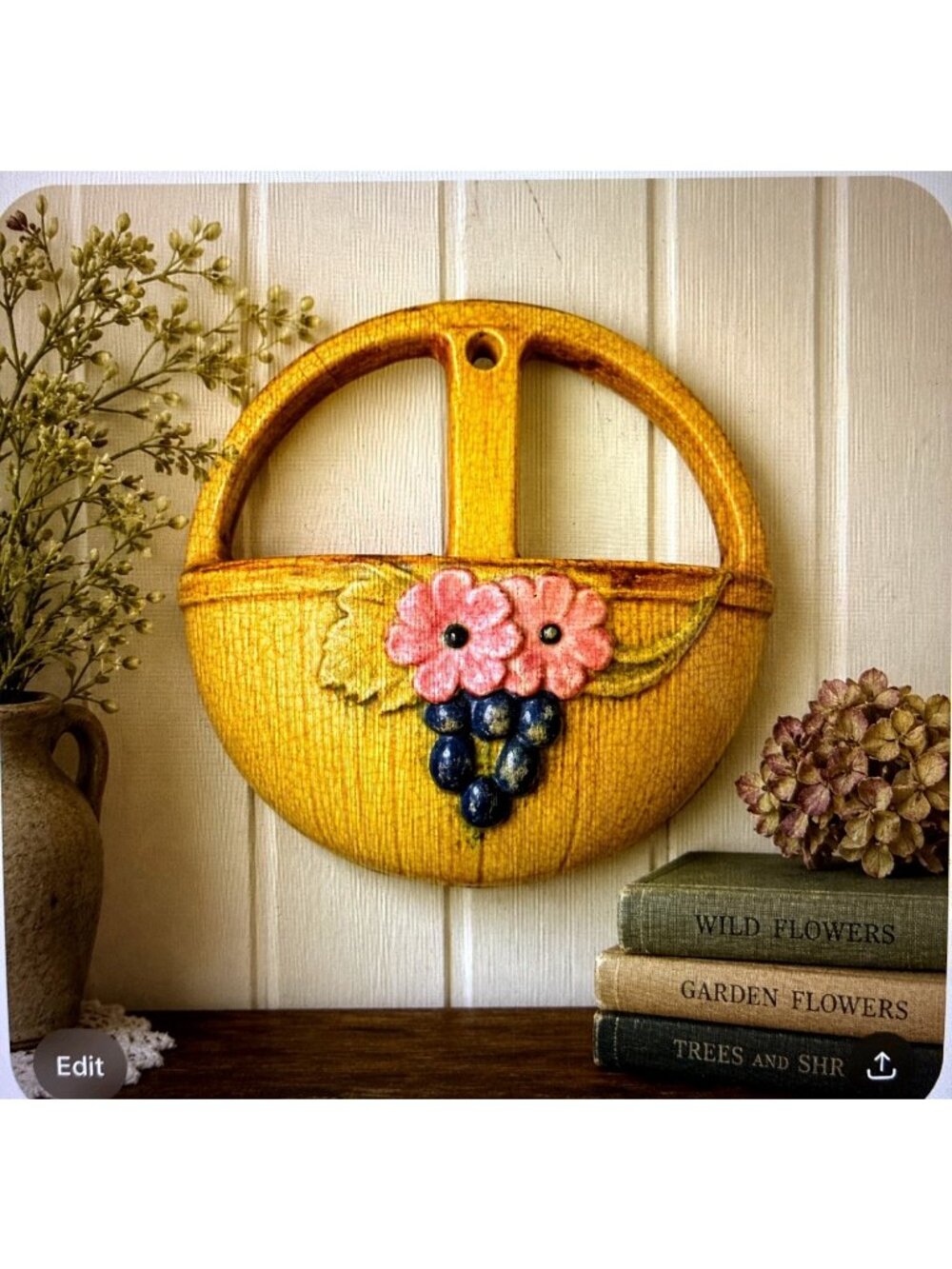 Antique Weller Pottery Wall Pocket Basket c1920s Floral - Picture 3 of 12